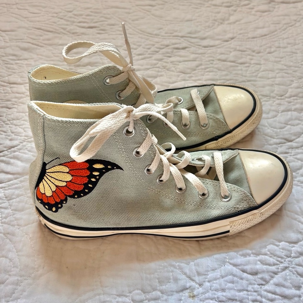 mint and white high top butterfly converse